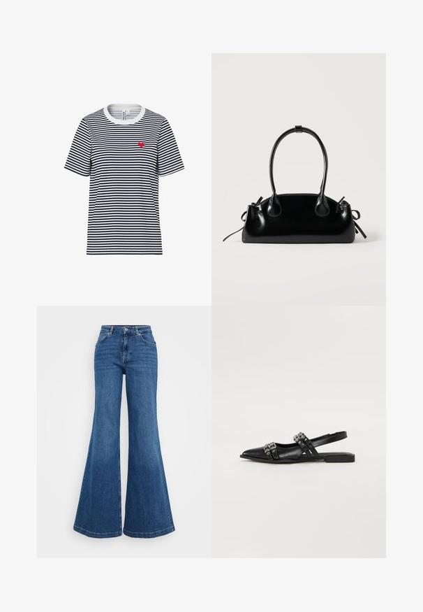 Schwarz-weiß gestreiftes Kurzarmhemd mit weißem Kragen und kleinem roten Herz auf der linken Brustseite.; Blaue Schlagjeans aus Denim mit hoher Taille, die ein klassisches Fünf-Taschen-Design und eine glatte Textur aufweisen. Der Saum ist weit und verarbeitet.; Even&Odd by Zalando Sling-Ballerina - black; Kleine schwarze glänzende Handtasche mit zwei langen Griffen und seitlichen Kordelzug-Details vor einfachem hellem Hintergrund.