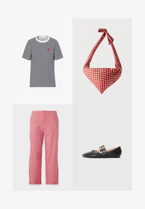 Chemise rayée noir et blanc à manches courtes avec un col blanc et un petit cœur rouge sur la poitrine gauche.; Pantalon droit à carreaux vichy rouge et blanc, pleine longueur, vu de face sur fond uni clair. Pas de poches ni de boutons visibles.; Chaussure plate en cuir noir avec un bout pointu et une bride décorative à boucle équipée de ferrures argentées et de petites découpes.; Sac d'épaule en tissu doux à motif à carreaux rouges et blancs, poignée nouée et forme triangulaire sur un fond uni.