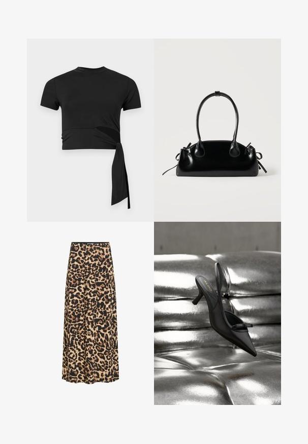 T-shirt noir court en tissu lisse et extensible, avec des manches courtes, un col rond et un détail de lien sur le côté.; Jupe trapèze à imprimé léopard avec des taches noires, brunes et beiges, longueur mi-mollet, taille élastique et texture de tissu lisse.; Chaussure à talon noire à bout pointu et bride arrière, avec un petit nœud, reposant sur un revêtement en cuir argenté brillant matelassé.; Petit sac à main noir brillant avec deux longues anses et des détails à cordon sur les côtés sur un fond clair uni.