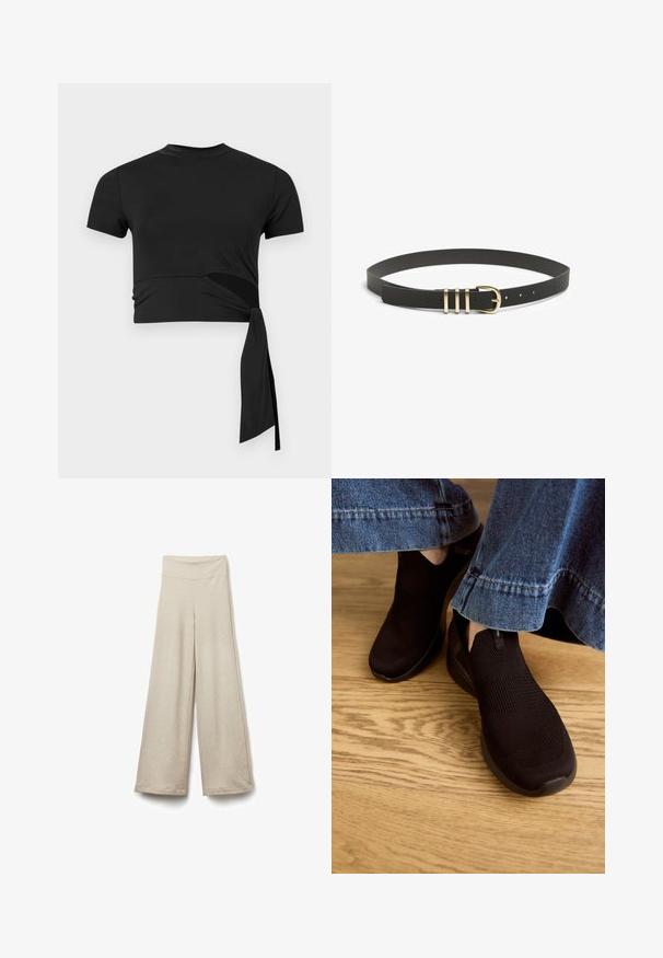 Schwarzes, kurzes T-Shirt aus einem glatten, dehnbaren Stoff mit kurzen Ärmeln, einem rundem Ausschnitt und einem Seitenschnürdetail.; Beige weite Hosen mit einem dehnbaren Bund, die eine gerippte Textur und einen geraden Schnitt aufweisen und oberhalb des Knöchels enden.; Schwarze Slipper mit einem strukturierten Strickobermaterial und elastischem Eingangsbereich. Abgerundete Zehenform und profilierte, gepolsterte Sohle, getragen mit einem Denim-Saum.; Schwarzer, strukturierten Leder Gürtel mit einer goldenen Metallschnalle, die drei horizontale Streifen und mehrere Einstelllöcher aufweist.