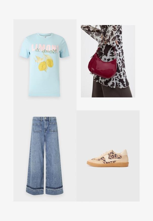 Hellblaues T-Shirt mit kurzen Ärmeln mit dem Schriftzug „LIMONI di Amalfi“ und zwei gelben Zitronen mit grünen Blättern auf der Vorderseite.; Hellblaue Denim-Weitbeinjeans mit hoher Taille, zwei Gesäßtaschen und kontrastierenden Nähten an den Säumen.; Löwenmuster-Sneaker mit beige Wildleder-Obermaterial, tanfarbener Gummisohle und weißen Akzenten. Runde Zehenform und Schnürdesign mit strukturiertem Finish.; Frau trägt eine schwarz-weiß gemusterte Bluse und hält eine glänzende rote Schultertasche vor einem einfarbigen Hintergrund.