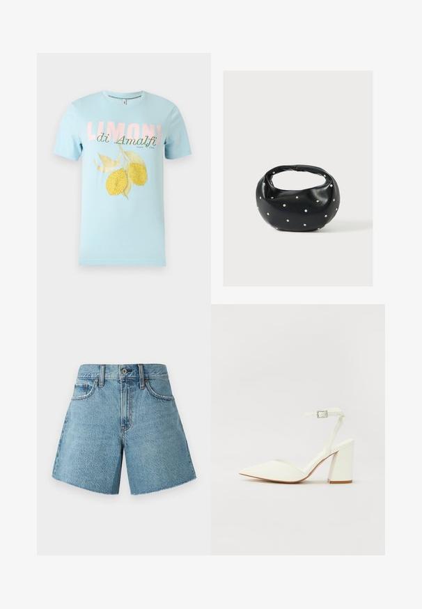 Hellblaues T-Shirt mit kurzen Ärmeln mit dem Schriftzug „LIMONI di Amalfi“ und zwei gelben Zitronen mit grünen Blättern auf der Vorderseite.; Jeansshorts in hellblau, mit hohem Bund, fünf Taschen und rohem Saum. Hergestellt aus strukturiertem Baumwollstoff mit klassischem Design.; Weißer sandal mit Absatz und spitzem Zehenbereich, verstellbarem Knöchelriemen und chunky quadratischem Absatz. Glatte Textur mit minimalen Nähdetails.; Schwarze Lederhandtasche mit abgerundeter Form, verziert mit silbernen Nietenakzenten und kurzem Griff. Glatte Struktur und Reißverschlussverschluss.