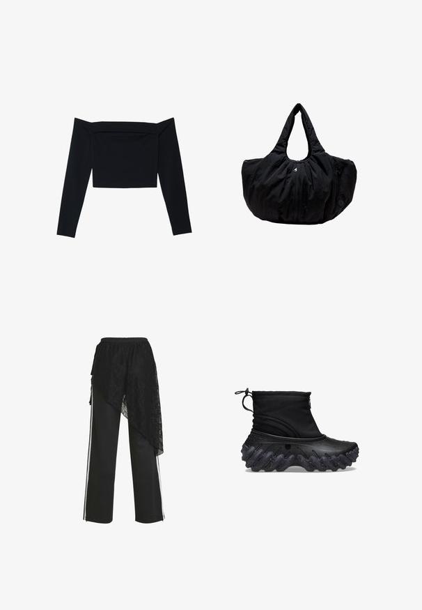 Schwarzes, schulterfreies Langarmoberteil aus weichem Stoff. Kurz geschnittenes Design mit glatter Textur und Nahtdetails über der Brust.; Schwarze Hosen mit weitem Bein, weißen Seitenstreifen und einem asymmetrischen schwarzen Spitzenüberzug, der auf der linken Seite drapiert ist.; Schwarze Knöchelboots mit einem weichen Textiloberteil und einer strukturierten, welligen Gummisohle. Mit einem Reißverschluss und einem verstellbaren Kordelzug für einen sicheren Sitz.; Schwarze gepolsterte Stoffhandtasche mit breiter, abgerundeter Basis und zwei Griffen, die oben eine Schlaufe bilden.