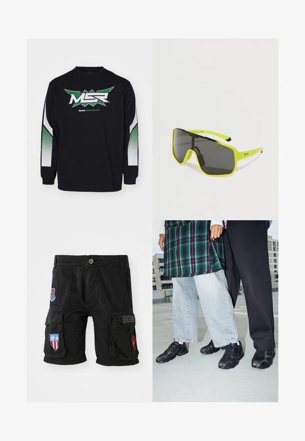 Camisa de manga larga negra con un logotipo central verde y blanco, con acentos en verde y blanco de puntos en contraste en las mangas.; Pantalones cortos de carga negros hechos de algodón, con múltiples bolsillos, parches bordados en rojo, azul y verde, y un cierre de botón en la cintura.; Zapatillas deportivas negras con acentos de malla y goma. Combinadas con jeans de pierna ancha de color gris claro y una blusa de cuadros verdes. Fondo de superficie plana.; Gafas de sol con una gran lente negra y un brillante marco amarillo. Diseño angular con un distintivo doble puente y patillas finas.