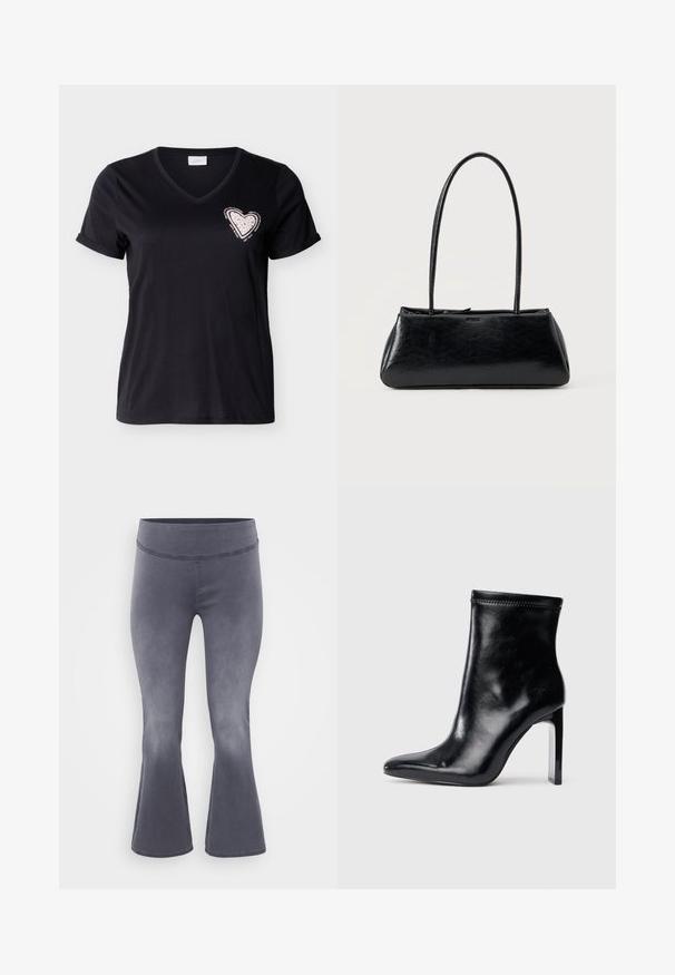 T-shirt noir à col en V et manches courtes retroussées, avec une écusson en forme de cœur rose orné de petits clous et un texte motivationnel entourant sur la poitrine.; Pantalons grijs évasés avec une large ceinture. Tissu lisse avec un léger éclat, dégradé du foncé en haut vers le plus clair en bas.; Bottine en cuir noir avec un bout pointu et un talon transparent haut. Texture lisse et finition minimaliste sur le dessus.; Sac à épaule rectangulaire noir avec de longues bretelles fines et une texture lisse et brillante sur un fond uni.