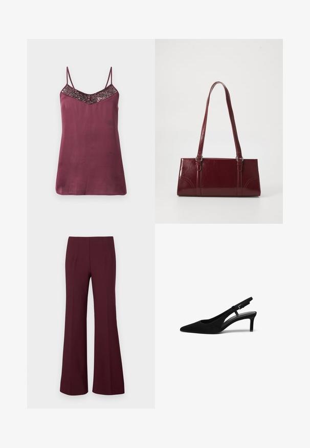 Bordeaux satijnen camisole met verstelbare dunne spaghetti-bandjes en een V-vormige halslijn versierd met pailletten. Gladde textuur, met een losse pasvorm.; Hoge taille, bordeauxkleurige flared broek met voorplooien en een getailleerde pasvorm, weergegeven op een witte achtergrond.; Zwarte suède slingback schoen met een puntige neus, lage hak, open zijkant en verstelbare band met een metalen gespsluiting. Glad textuur.; Bourgondische handtas van glanzend materiaal, rechthoekige vorm, met twee schouderbanden en subtiele gebogen accenten aan de voorkant.