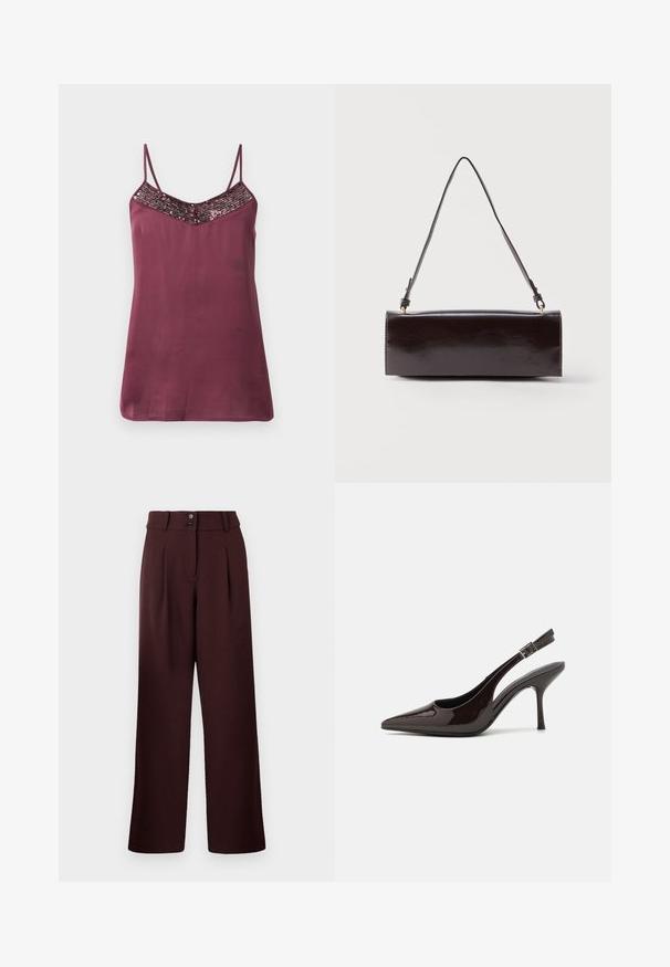 Bordeaux satijnen camisole met verstelbare dunne spaghetti-bandjes en een V-vormige halslijn versierd met pailletten. Gladde textuur, met een losse pasvorm.; Wijde broek in donker bordeaux, met een hoge taille, twee voorkreuken en een sluiting met twee knopen. Gemaakt van gestructureerde stof.; Slingback hoge hak schoen in glanzend donkerbruin patentleer, puntige neus, open zijkanten en verstelbare enkelband.; Rechthoekige zwarte leren handtas met een enkele lange schouderband en een glanzende afwerking, weergegeven tegen een effen witte achtergrond.