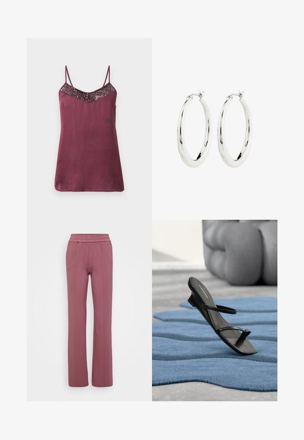 Burgunder satin camisole med justerbare tynde stropper og en V-formet halsudskæring pyntet med perler. Glat tekstur med en løs pasform.; Lyse mauve lige bukser med elastisk talje. Fremstillet af blødt materiale og med lodrette syninger for et skræddersyet udseende.; Sort sandal med remme og tå-loop vist på et blåt tekstureret tæppe, med en stor grå dekorativ genstand sløret i baggrunden.; Sølvøreringe i form af hoops med en glat, blank finish. Cirkulær form, der har en sikker lås. Simpelt og elegant design.