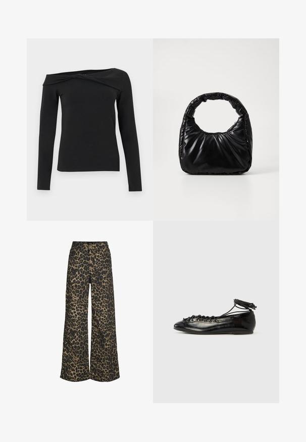 Sort langærmet off-shoulder top med detaljer ved den snoede halsudskæring, tætsiddende pasform, vist mod en ensartet hvid baggrund.; Bukser med vide ben med et brunt og sort leopardmønster over det hele samt foran med knapper og lynlås.; Sorte balletflade sko i laklæder med rundet tå, snørelukning og flad sål. Glat tekstur med få detaljer.; Sort polstret håndtaske med et rundt håndtag, der har en glat, skinnende overflade og en blød, kviltet tekstur. Ingen synlige hardware eller accenter.