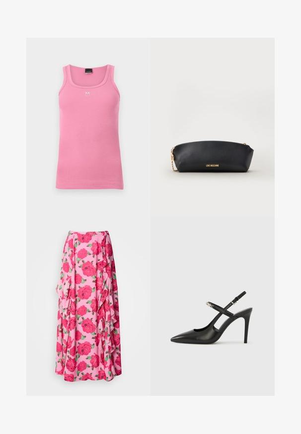 Lyserød ribbet ærmeløs tanktop med firkantet halsudskæring og lille hvidt broderet logo midt på brystet.; Blomster-maxi nederdel i lyserødt stof med store, levende røde roser og grønne blade. Har flæser langs siden for ekstra tekstur.; Sorte læder slingback-højhæle med spids tå, udskåret design og justerbar rem med metalhardware.; Sort Moschino pung med guldkæde og guldlogo foran, sat mod en ensfarvet lys baggrund.