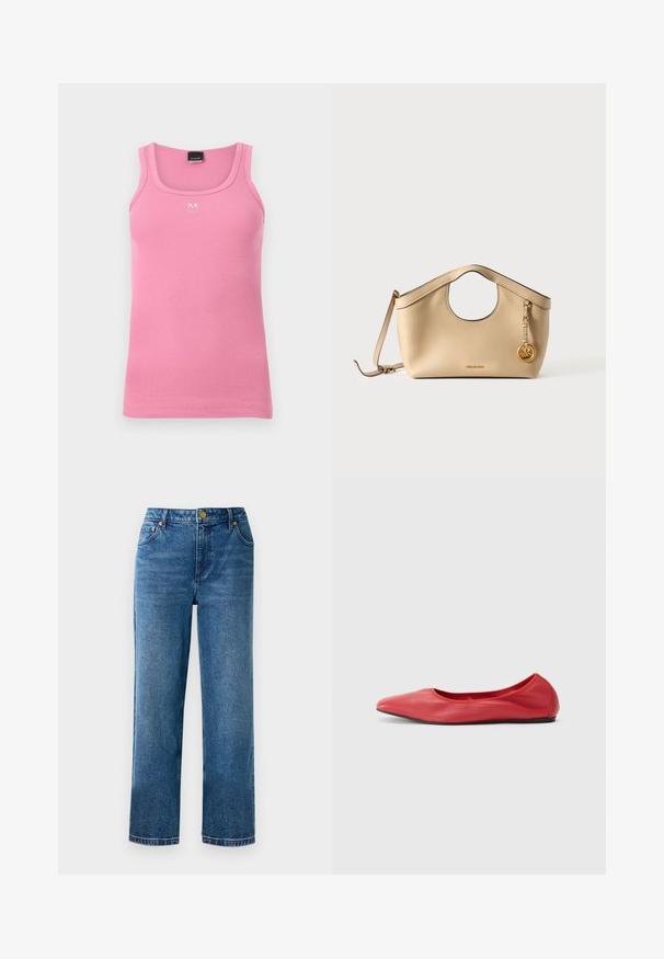 Roze geribd mouwloos tanktop met een vierkante halslijn en een klein wit geborduurd logo in het midden van de borst.; Blauwe high-waisted jeans met een rechte-pijpen-snits, gemaakt van denim, met vijf zakken en details in goudkleurige hardware.; Filippa K REY FLATS - Ballerina's - bright red; Beige leren handtas met een ronde bovenhengsel, afneembare schouderriem en gouden MK-logo hanger op een effen witte achtergrond.