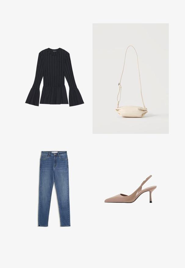 Sort langærmet top med lodrette striber og udvidede ærmer. Har en peplum-silhuet og blødt tekstureret stof.; Blå denim jeans med høj talje, slim fit, forlommer, lynlås og kontrasterende syninger. Struktureret design med en glat overflade.; Nude slingback højhælede sko med spids tå, glat tekstur og en tynd stilletto hæl. Udsnit på siden tilfører et unikt præg.; Lille beige læder crossbody taske med justerbar rem, vist mod en ensfarvet lys baggrund.