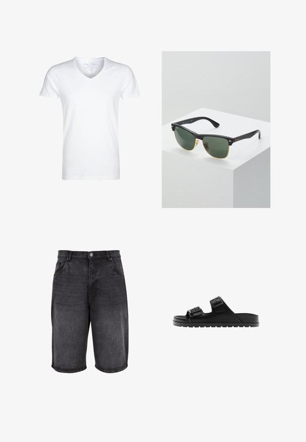 T-shirt blanc à col en V fabriqué en coton doux. Manches courtes, coupe décontractée et peu de coutures. Pas de motifs ni de graphiques.; Shorts en denim noir avec une coupe décontractée, un design à cinq poches et une fermeture à bouton. Le tissu a une texture lisse avec un léger dégradé.; Sandale noire à bout ouvert avec deux brides réglables avec boucle et une semelle texturée pour l’adhérence, présentée en profil.; Lunettes de soleil Ray-Ban avec des verres verts, monture en plastique noir et accents dorés sur les bords. Forme carrée avec une finition mate.