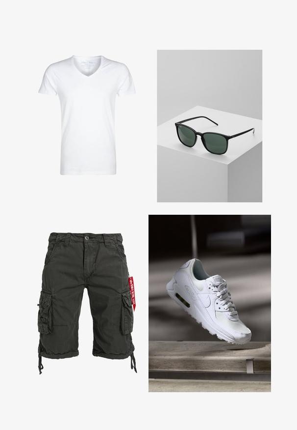 T-shirt blanc à col en V fabriqué en coton doux. Manches courtes, coupe décontractée et peu de coutures. Pas de motifs ni de graphiques.; Shorts cargo verts foncés en tissu durable, dotés de plusieurs poches latérales, d'un ourlet à cordon de serrage et d'une accent de tag rouge.; Sneaker Nike Air Max 90 blanche avec une tige en mesh et cuir, une boîte à orteils perforée et une unité air visible au talon.; Lunettes de soleil rectangulaires noires avec des verres vert foncé, dotées d'une monture en plastique léger et d'accents argentés sur les branches.