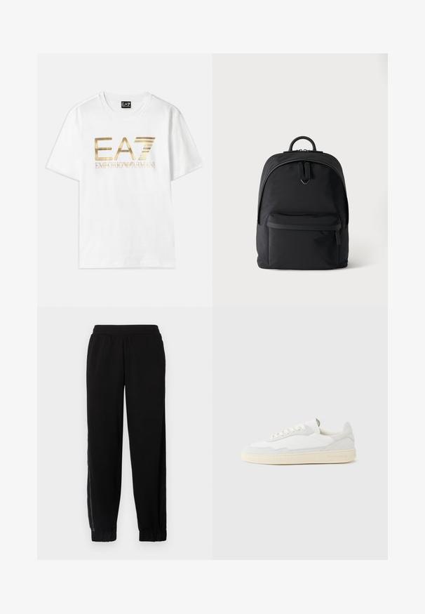 Biela bavlnená tričko s veľkým zlatým metalickým logom "EA7" a textom "EMPORIO ARMANI" pod ním, s krátkymi rukávmi a okrúhlym výstrihom.; Čierne tepláky vyrobené z mäkkej tkaniny, s elastickým pásom, manžetami na koncoch a bočnými sieťovanými panelmi pre lepšiu ventiláciu.; Biela teniska s jemne štruktúrovaným zvrškom zo semišu a kože. Má zaoblenú špičku, viazanie na šnúrky a kontrastnú béžovú gumovú podrážku.; Čierny batoh s predným vreckom na zips, hlavným priehradkom s dvojitým zipsom a malým kovovým logom pod hlavnými zipsovými rukoväťami.