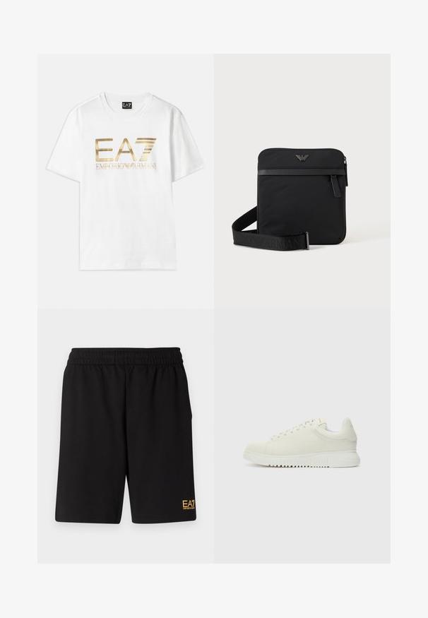 Witte katoenen T-shirt met een groot gouden metallic "EA7" logo en de tekst "EMPORIO ARMANI" eronder, met korte mouwen en een ronde hals.; Zwarte sportshorts van zacht materiaal, met een elastische tailleband en een klein geel EA7-logo op de onderste linkeronderbroek.; Witte leren sneaker met een textuur bovenkant, ronde neus, vlakke witte zool en tonale veters. Subtiele branding op de tong.; Zwarte vierkante schoudertas met ritssluiting, voorvak en verstelbare band met geperste merknaam.