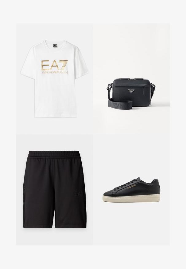 Camiseta de algodón blanca con un gran logo metálico dorado "EA7" y el texto "EMPORIO ARMANI" debajo, con mangas cortas y cuello redondo.; Pantalones cortos deportivos negros hechos de un tejido ligero, con una cinturilla elástica y paneles laterales de malla. Logo de la marca impreso en la parte delantera.; Zapatilla de cuero negra con un acabado suave, suela crema en contraste, puntera redonda, logo dorado en el lateral y seis ojales para los cordones.; Bolsa bandolera negra hecha de material texturizado. Presenta un cierre con cremallera, un bolsillo frontal con cremallera y un acento de logo metálico. Incluye una correa ajustable.