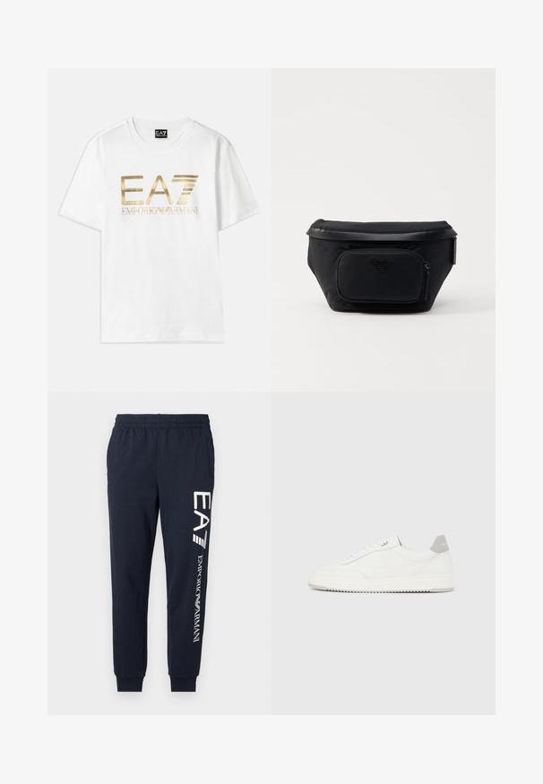 Valkoinen puuvillainen t-paita, jossa on suuri kultainen metallinen "EA7" -logo ja "EMPORIO ARMANI" -teksti sen alapuolella, lyhyillä hihoilla ja pyöreällä kaulaaukolla.; Navy siniset puuvillasta valmistetut jogger-housut, joissa on joustava vyötärönauha, kapeat lahkeet ja kontrastiväriset valkoiset EA7- ja Emporio Armani -logot painettuna sivuille.; Valkoinen matala lenkkikenkä, jossa harmaa kantapääosa, valkoiset nauhat ja kuvioitu pohja, esillä yksinkertaisella vaalealla taustalla.; Musta nailonipussi, jossa on edessä vetoketjullinen tasku, sujuva pinta ja logokiinnitys. Rakenteellinen muotoilu, jossa on taitettavissa oleva yläosa.