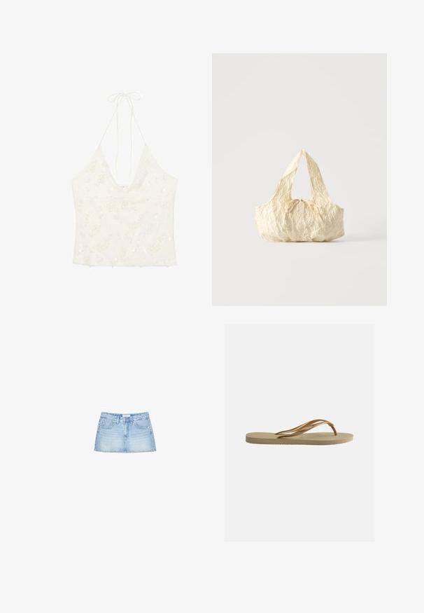 Hvid halter crop top med tynde stropper og subtile blomsterprint med palietter på stoffet.; Lysblå denimminiskørt med lige snit, fem lomme, og frontknaplukning med bæltestropper. Glat tekstur.; Beige klipklap-sandal med tekstureret sål og bronze metallic Y-formede remme på en ens hvid baggrund.; Håndtaske i cremefarvet tekstureret stof med top-håndtag og en lille bundet sløjfe-detalje midt foran.