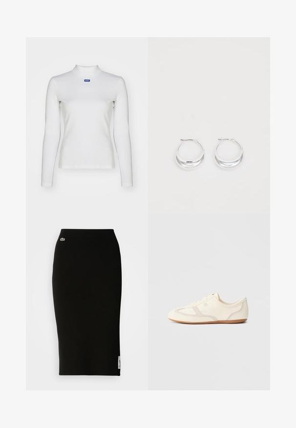 Witte lange mouw turtleneck top van rekbare stof, met een strakke pasvorm en een klein blauw logo op de borst.; Zwarte geribbelde gebreide midi-rok met een nauwsluitende silhouet. Kleine Lacoste-logo detail op de tailleband, met een gladde textuur.; Crème-witte sneakers met een bovenwerk van suède en stof, een afgeronde neus en een rubberen zool met een beige accentdetail. Vetersluiting.; Zilveren creolen met een gepolijste afwerking en DKNY-branding, weergegeven tegen een effen witte achtergrond.