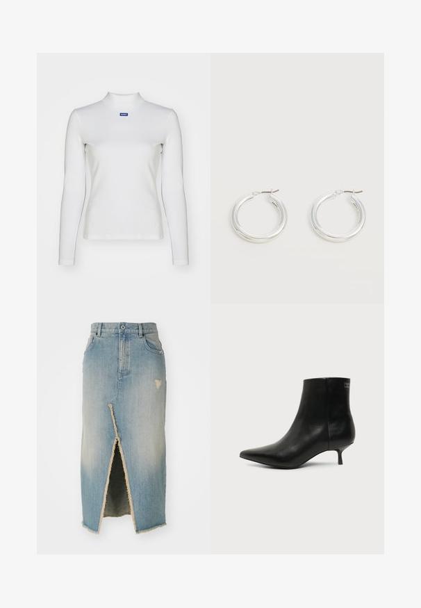 Hvid langærmet turtleneck-top lavet af strækstof, med en tætsiddende design og et lille blåt logo på brystet.; Denim nederdel, lyseblå, midtlængde med frayed kant. Har en frontslids og slidte detaljer nær taljen og kanten.; Sort læder ankelstøvle med spids tå og lav kitten hæl på lys baggrund, der viser yderside.; Par mellemstore skinnende sølv hoops øreringe med tynde metal spænder på en lys neutral baggrund.