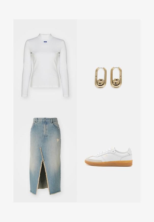 Witte lange mouw turtleneck top van rekbare stof, met een strakke pasvorm en een klein blauw logo op de borst.; Denim rok, lichtblauw, middellang met rafelige zoom. Heeft een split aan de voorkant en verwerkte details in de buurt van de taille en zoom.; Witte leren sneaker met beige suède accenten, gumrubberen zool en vetersluiting. Heeft subtiele branding in goud.; BOSS DOUBLE B SWING - Oorbellen - gold-coloured