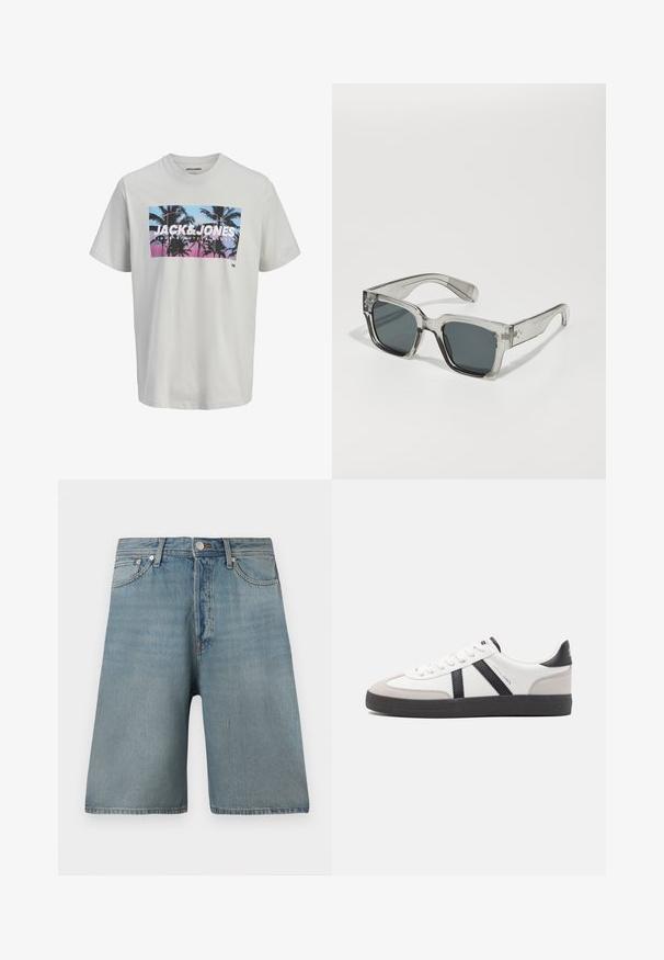 Wit T-shirt met korte mouwen met een frontprint van palmbomen in blauwe en roze zonsondergangskleuren, grote JACK & JONES tekst op de borst.; Lichtblauwe denim shorts met een losse pasvorm, vijf zakken en een traditionele knoopsluiting, met vervaagde vlekken voor een versleten uitstraling.; Witte sneaker met zwarte en grijze accenten, voorzien van een grijze neus met textuur, zwarte rubberen zool en platte witte veters. Schoon ontwerp, minimalistische stijl.; Duidelijke, oversized zonnebril met donkere lenzen, met een chunky rechthoekig montuur en getextureerde accents op de pootjes. Gemaakt van transparant plastic.