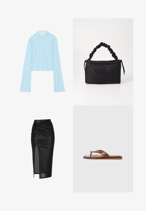 Even&Odd Langærmet T-shirt - light blue; Sort midi nederdel lavet af strækbart stof, med et snoet frontdesign, sideslids og lynlåslukning bagpå.; Brun læderflip-flop med en tekstureret rem og glat indlægssål. Har et minimalistisk design og en flad sål, velegnet til afslappet brug.; Sort taske lavet af blødt, glat stof. Har et sammensnoet håndtag og en snørrelukning, med en rektangulær form og ingen synlig hardware.