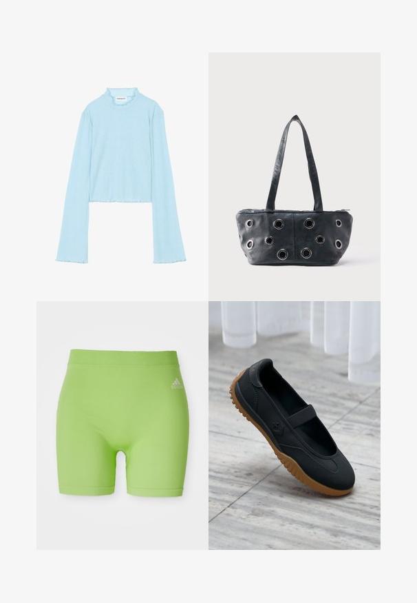Even&Odd Pitkähihainen paita - light blue; Vihreät urheilushortsit, jotka on valmistettu joustavasta kankaasta, jossa on keskikorkea vyötärö ja Adidas-logo etupuolella oikealla puolella.; Musta Mary Jane -tyylinen kenkä, jossa joustava hihna ja ruskea teksturoitu pohja, asetettuna marmorilattialle valkoisen verhopohjan eteen.; Musta nahkainen käsilaukku, jossa on kaksi kahvaa ja useita hopeanvärisiä metallirenkaita etupaneelissa, yksinkertaista vaaleaa taustaa vasten.