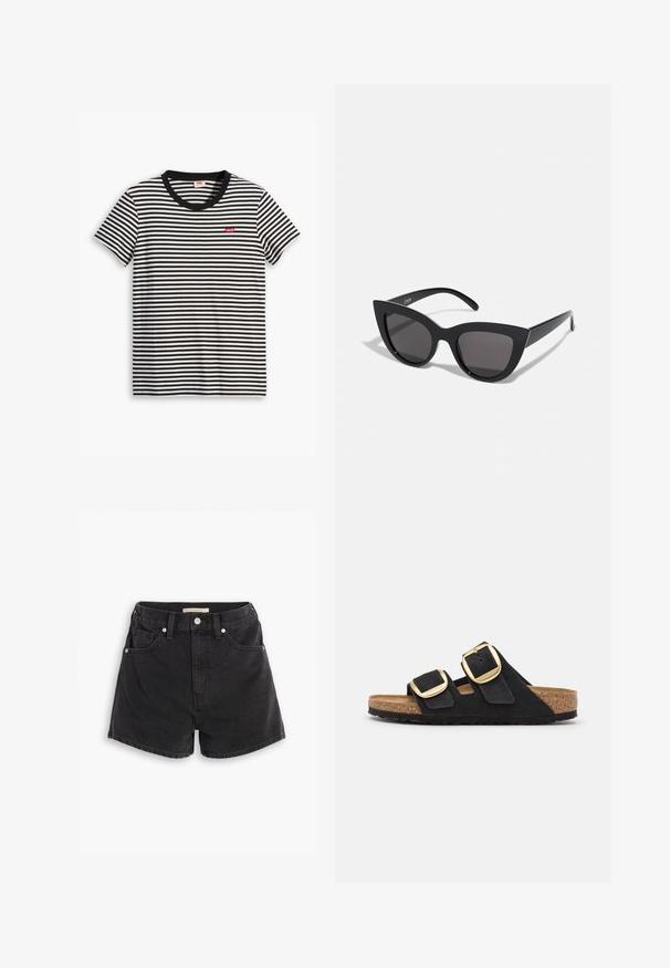 Camiseta de rayas blancas y negras hecha de algodón. Presenta un escote redondo y un pequeño logo rojo de Levi's en el pecho. Mangas cortas.; Shorts de mezclilla negra de cintura alta, con dos bolsillos frontales, dos bolsillos traseros y accesorios en tono plateado. Textura suave y ligeramente descolorida.; Sandalias deslizantes de ante negro con dos correas anchas, cada una con una gran hebilla dorada, y una plantilla de corcho natural con una suela de goma texturizada.; Gafas de sol negras en forma de ojo de gato con un acabado mate, que presentan lentes ahumados grises, ángulos pronunciados y brazos laterales elegantes. Nombre de la marca visible en el interior del brazo.