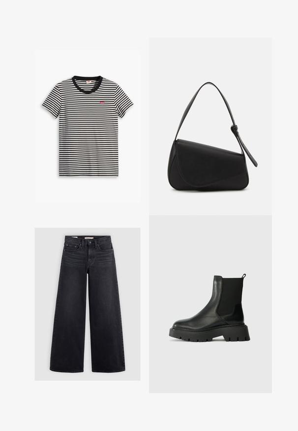 Gestreiftes T-Shirt in Schwarz und Weiß aus Baumwolle. Hat einen runden Halsausschnitt und ein kleines rotes Levi's-Logo auf der Brust. Kurze Ärmel.; Schwarze Jeans mit weitem Bein aus Denim, mit hoher Taille, fünf Taschen und dezenten Verwaschungen an der Vorderseite.; Schwarze Lederknöchelstiefel mit elastischer Seitenpartie, grober Gummisohle und Ziehschlaufe. Verfügt über eine glatte Oberfläche und gerippte Akzente.; Schwarze Lederhandtasche mit dreieckiger Form, schrägem Klappdeckel und rundem Oberhandgriff. Verfügt über eine glatte Textur und minimalistische Designdetails.