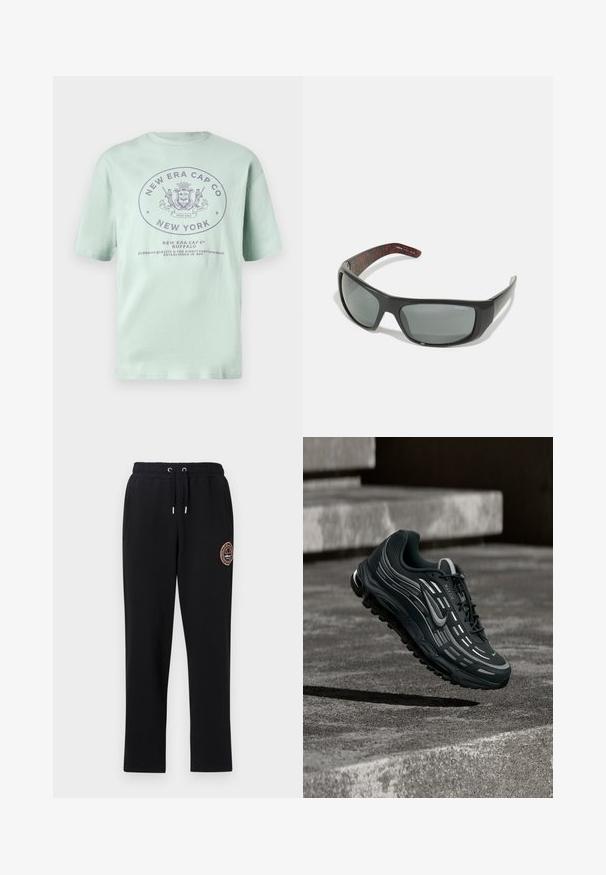 Camiseta de algodón de color verde menta con mangas cortas. Presenta un logotipo circular en texto púrpura más oscuro, que detalla "New Era Cap Co" y "Nueva York".; Pantalones de chándal negros con cintura elástica y cordón, dos bolsillos laterales y un detalle de logo bordado en el muslo izquierdo. Tejido suave y elástico.; Zapatilla Nike Air Max negra y gris flotando sobre escalones de hormigón gris con fondo de suelo texturizado.; Arnette HOT SHOT - Gafas de sol - dark grey