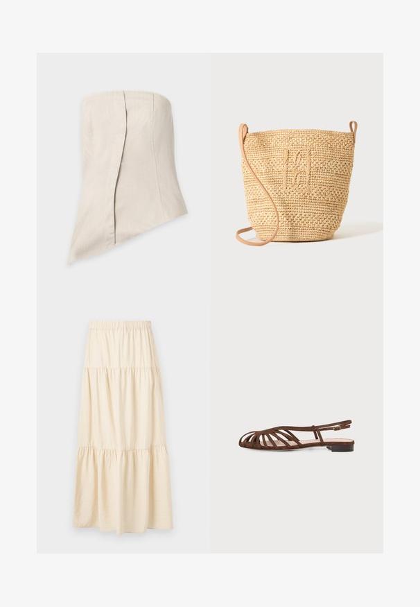 Haut beige sans bretelles avec un ourlet asymétrique et un détail en surimpression à l'avant, fabriqué en tissu texturé.; Jupe beige à volants avec une ceinture élastique et trois sections froncées créant une coupe fluide et ample.; Sandale plate marron avec plusieurs fines lanières et une petite boucle à la cheville sur un fond clair.; Sac seau en paille tressée avec motif texturé et bandoulière en cuir, présenté debout sur un fond clair uni.
