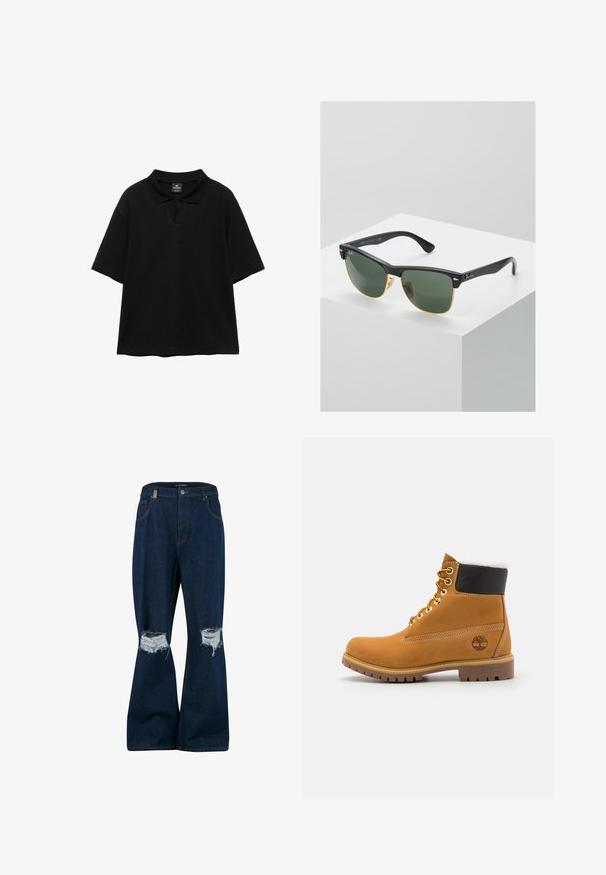 Sort kortærmet poloshirt med krave og lille slidse, vist mod en hvid baggrund.; 2Y Studios ANDUIN RIPPED BAGGY - Baggy jeans - raw; Brune læder ankelstøvle med metaløjer, hvid pelsforing, sort polstret krave, robust sål og præget logo på siden.; Ray-Ban solbriller med grønne linser, sorte plastikstel og gyldne detaljer ved kanterne. Firkantet form med mat finish.