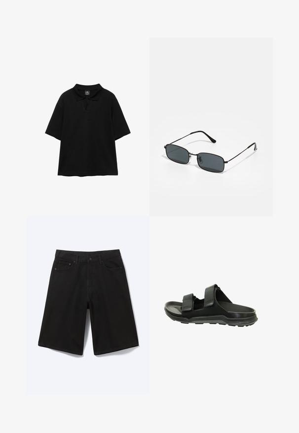 Zwart poloshirt met korte mouwen, een kraag en een kleine knoopsluiting, afgebeeld tegen een witte achtergrond.; Zwarte denim short tot op de knie met voorste knoop, riemlussen en vijf zakken, afgebeeld tegen een witte achtergrond.; Zwarte sandalen hebben twee verstelbare banden, een textuur bovenmateriaal en een gevoerde zool met een stevige bodem voor grip.; Zwarte rechthoekige zonnebril met dun metaal montuur en donkere glazen, liggend op een wit oppervlak.