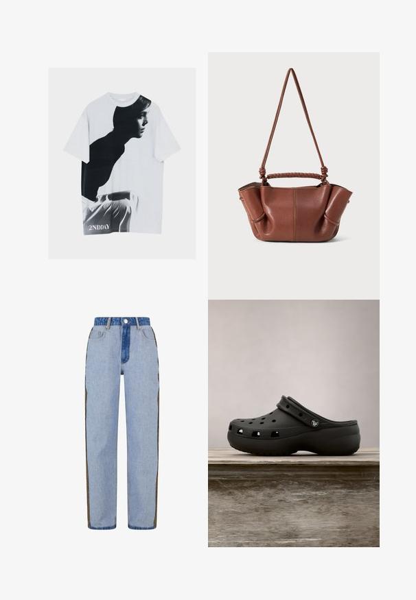 Camiseta blanca con una foto de perfil en blanco y negro de una persona sentada, mirando hacia la derecha, vestida con pantalones blancos, y el texto "2NDDAY" en la parte inferior.; Vaqueros de denim azul claro con corte recto, que cuentan con una cinturilla de denim oscuro en contraste y detalles laterales decorativos en un patrón único.; Zueco de goma negro con agujeros de ventilación, tacón elevado, correa trasera y suela texturizada. Acabado liso con un diseño minimalista.; Bolso de mano de cuero marrón con un asa trenzada y una correa para el hombro ajustable. Presenta lados suavemente plegados y acentos de costura visibles.