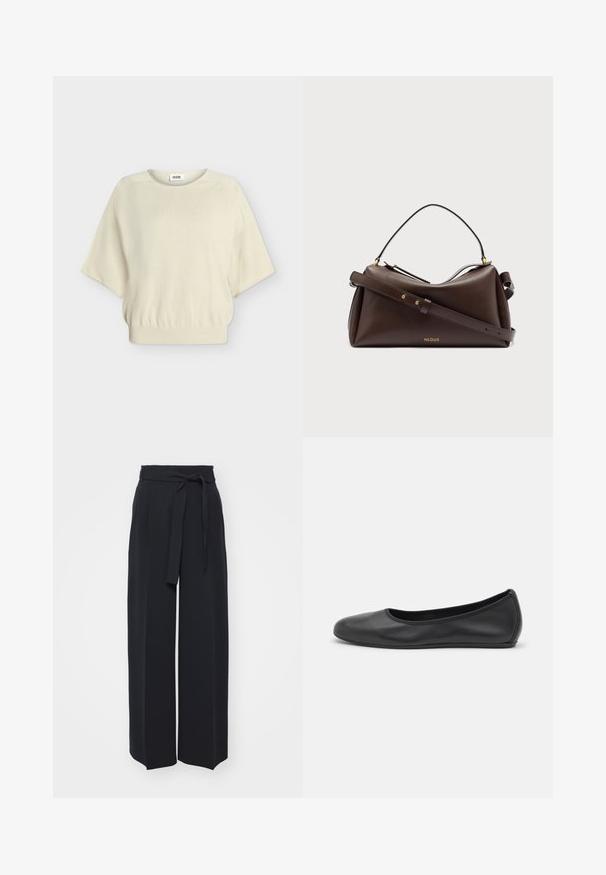 Lyhythihainen kerma neule pyöreällä kaula-aukolla ja joustavalla helmalla, esitetty yksinkertaisella vaaleanharmaalla taustalla.; Leveled black trousers made of soft fabric. Features a belted waistband and front pleats. Smooth texture with a clean, contemporary design.; Musta nahkainen ballerina, jossa on pyöristetty kärki, sileä pinta, minimaalinen ommelkoristelu ja joustava pohjamuotoilu.; Tummanruskea nahkainen käsilaukku, jossa on lyhyt kahva ja säädettävä olkahihna, mukana pieni kultainen brändilogo "NEOUS" etuosassa.