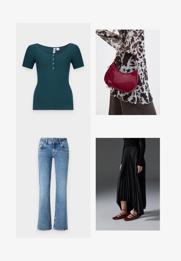 Teal ribbet kortærmet top med en rund halsudskæring og placket med seks knapper. Har en tætsiddende silhuet og tekstureret stof.; Blå denim flare jeans med høj talje, dobbelte knaplukninger, fem lommer og syede detaljer ved sømmene.; Sort plisseret nederdel med en høj-lav kant, parret med glansfulde røde flade sko med en remdesign. Stoffet har en glat overflade.; Kvinde iført en sort- og hvidmønstret bluse, der holder en blank rød skuldertaske mod en ensfarvet baggrund.