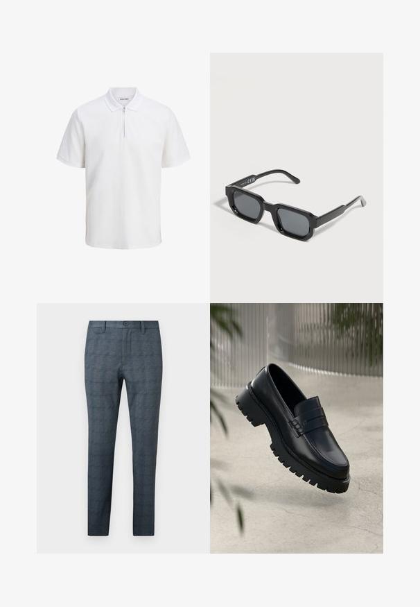 Polo shirt blanc en coton texturé, avec fermeture éclair, manches courtes et col. Marquage subtil sur le côté gauche à l'avant.; Pantalon habillé homme slim fit bleu-gris avec un motif à carreaux discret, bouton devant, passants de ceinture et devant plat.; Mocassins en cuir noir avec une semelle à crampons épaisse, dotés d'une sangle décorative et de détails de couture. Texture lisse avec une finition polie.; Lunettes de soleil rectangulaires noires avec des montures épaisses et des verres teintés foncés, inclinées sur un fond blanc.