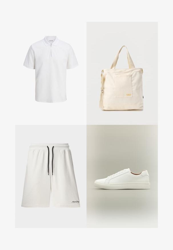 Hvid polo-shirt lavet af tekstureret bomuld, har en lynlåslukning, korte ærmer og en krave. Diskret branding på venstre forside.; Hvide bomuldsbukser med en drawstring livrem og sorte accenter. Har sidelommer og et lille logo på kanten. Blød tekstur.; Hvid lavt snøresko med snørelukning og flad sål, vist fra siden på en neutral baggrund.; Kremfarvet lærredstote-taske med frontlomme, to håndtag, justerbar skulderrem og lille gul "O.N.S" tekst i nederste højre hjørne af lommen.
