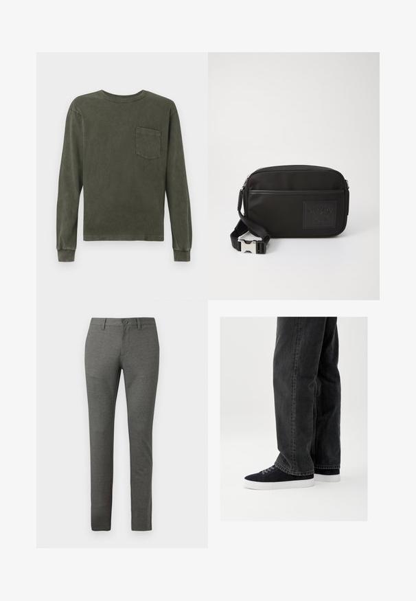 Langärmliges Hemd in dunkelolivgrün, aus weichem Material gefertigt, mit Rundhalsausschnitt und einer Brusttasche. Glatte Textur, lässige Passform.; Graue, maßgeschneiderte Hose mit strukturiertem Finish, eng anliegendem Design, vorderen Taschen und einem einzelnen Knopfverschluss an der Taille.; Schwarze Jeans aus Denim mit lockerem Schnitt, kombiniert mit marineblauen Wildleder-Sneakern mit weißen Gummisohlen und schwarzen Schnürsenkeln. Einfaches und modernes Design.; Schwarze Nylon-Crossbody-Tasche mit einem strukturierten Logo-Patch, Reißverschluss und verstellbarem Riemen mit einem silberfarbenen Clip.