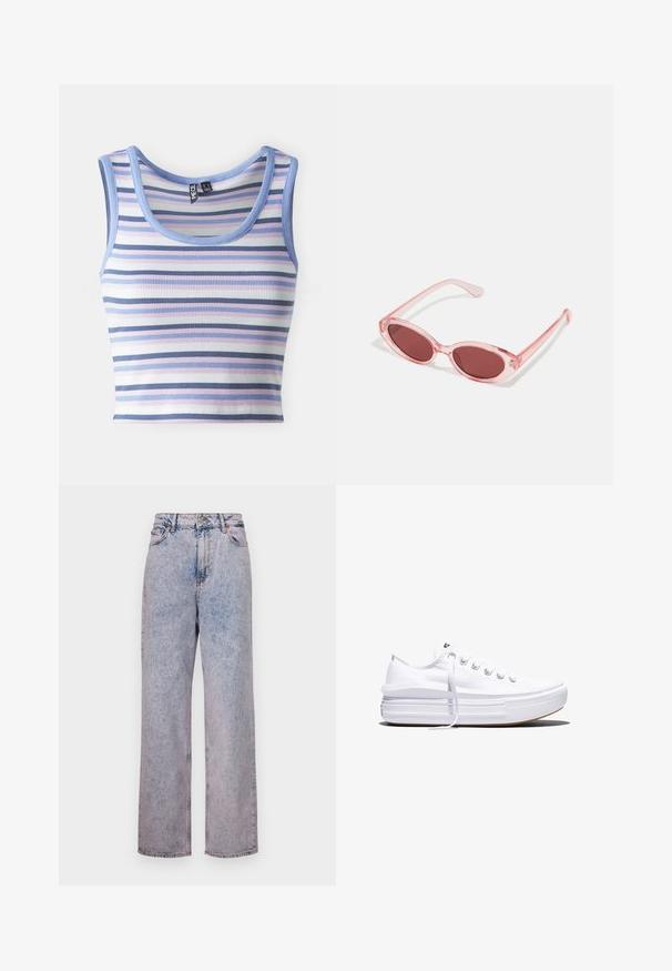 Raidallinen crop-top, jossa on vaakasuoria valkoisia, vaaleanpunaisia ja tummansinisiä viivoja, ribbikuviointi ja pyöreä kaula-aukko.; Vaaleansiniset farkut rentoa suoraa lahjetta, korkea vyötärö, viisi taskua ja pronssiset napit.; Valkoinen matala kangastennari paksulla korokepohjalla, etuosassa nauhat ja kumipäällysteinen, teksturoitu varvasosa, esitetty sivuprofiilissa.; Vaaleanpunaiset läpinäkyvät aurinkolasit, joissa on soikeat linssit, tumma punainen sävy ja hoikat sankarit. Kehyksissä on sileä pinta ja hienovaraista yksityiskohtaisuutta.