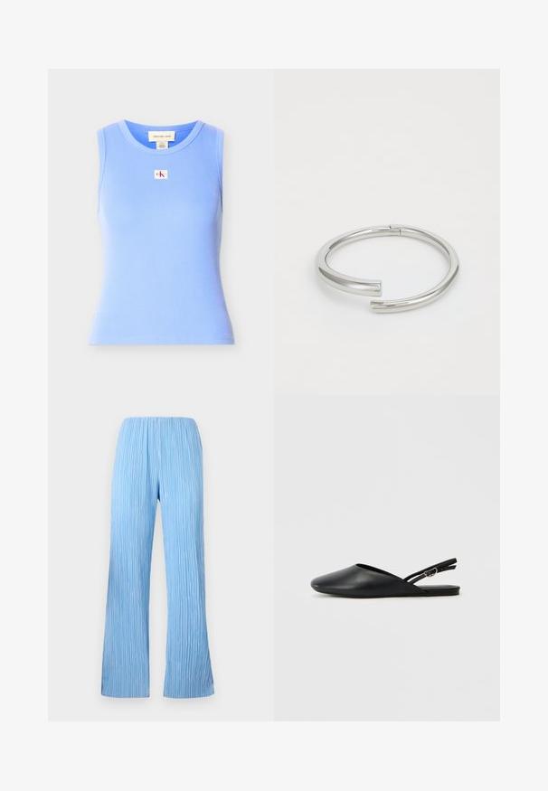 Débardeur côtelé bleu clair sans manches avec encolure ronde et petite étiquette logo Calvin Klein Jeans centrée sur la poitrine.; Pantalons plissés bleu clair avec un design à jambes larges, présentant des rayures verticales et une taille élastique pour plus de confort. Tissu lisse et léger.; Chaussures slingback en cuir noir avec un bout pointu, un design incurvé et une sangle réglable à boucle. Texture lisse, semelle plate, détails minimaux.; Calvin Klein SPIRAL - Bracelet - silver-coloured