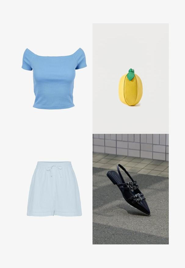 Top azul claro acanalado con escote de hombros descubiertos y mangas cortas, con un diseño ajustado y una textura suave. Sin patrones ni detalles visibles.; Pantalones cortos de algodón de color azul claro con un corte relajado, cinturilla elástica y cordón ajustable. Cuenta con una tela suave y texturizada y costuras laterales.; Sandalia plana negra de punta afilada con varias correas con hebillas y talón descubierto, situada sobre una superficie pavimentada y con un fondo de muro de azulejos.; Pequeña bolsa de cuero amarillo con forma de limón y detalle de hoja verde sobre un fondo claro.