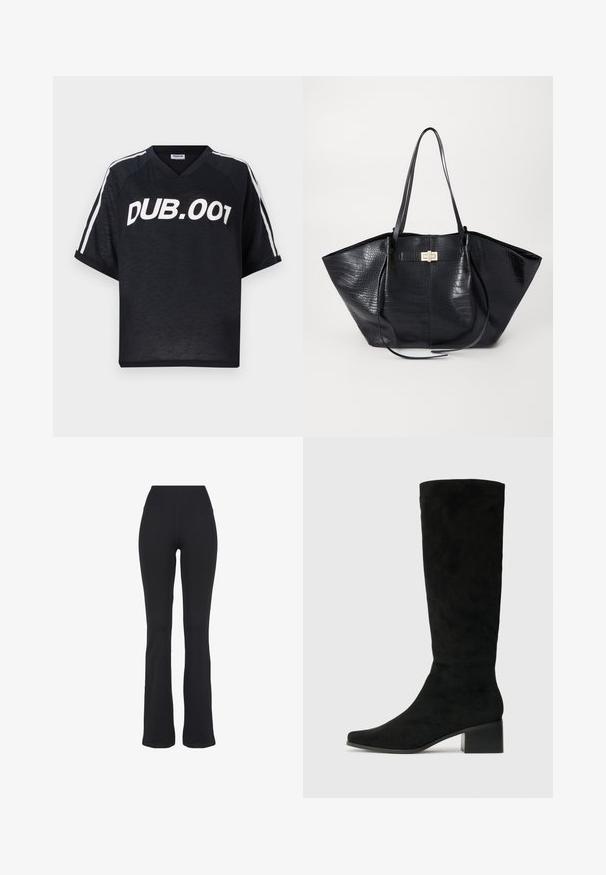 Sort kortærmet T-shirt med V-hals, med hvid tekst "DUB.001" og hvide sidelister langs ærmerne. Glat tekstur.; Sorte højtaljede, tætsiddende yogabukser med udvidede ben, præsenteret mod en hvid baggrund.; Knæhøje sorte ruskindsstøvler med spidse tæer og en chunky rektangulær hæl, der har en glat tekstur og et minimalistisk design.; Sort tote taske med krokodillemønster, glat tekstur, dobbelte skulderremme og en central detalje i guldfarvet metal.