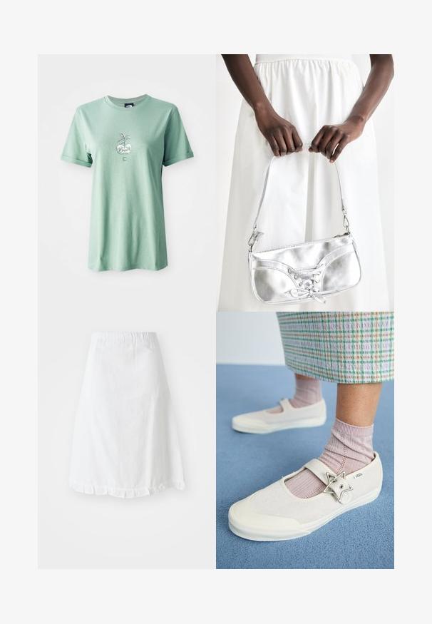 T-shirt en coton vert clair avec des manches courtes retroussées, présentant un graphisme central d'une plante dans un pot rond, avec un logo sur le bas à l'avant.; Jupe blanche avec taille élastique, présentant un motif texturé et un ourlet festonné en bas. Design simple en A.; Des chaussures blanches en toile avec une tige en daim, une sangle sur le cou-de-pied et un accent en argent en forme d'étoile. Associées à des chaussettes côtelées rose clair.; Sac à main en métal argenté avec un détail à lacets, arborant un design épuré et une courte sangle. Le sac est tenu dans les mains, mettant en valeur sa texture.