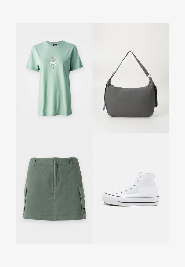 T-shirt en coton vert clair avec des manches courtes retroussées, présentant un graphisme central d'une plante dans un pot rond, avec un logo sur le bas à l'avant.; Jupe en denim vert avec une taille ajustée, deux poches latérales et une patch sur le bas à droite. Texture lisse avec un léger brillant.; Baskets montantes blanches en toile, semelle en caoutchouc noir et bande noire contrastante sur la semelle intermédiaire. Bout rond et design à lacets.; Sac à épaule en tissu gris rembourré avec une forme incurvée, une texture lisse, une bandoulière ajustable et un logo subtil en relief à l'avant.