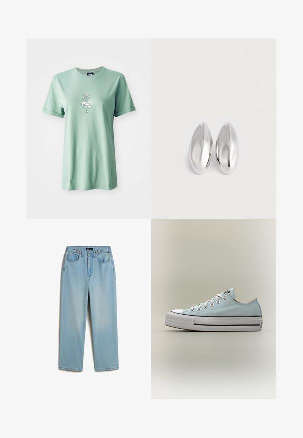 Lichtgroene katoenen t-shirt met korte opgerolde mouwen, met een centrale grafiek van een plant in een ronde pot, logo op de onderzijde aan de voorkant.; Vans CINCHED CHECK - Baggy jeans - light stonewash; Lichtblauwe lage canvas sneaker met witte rubberen zool, witte veters en zwart streepdetail op een effen achtergrond.; Een paar gladde, glanzende zilveren ovale objecten die naast elkaar zijn geplaatst op een eenvoudige witte achtergrond.