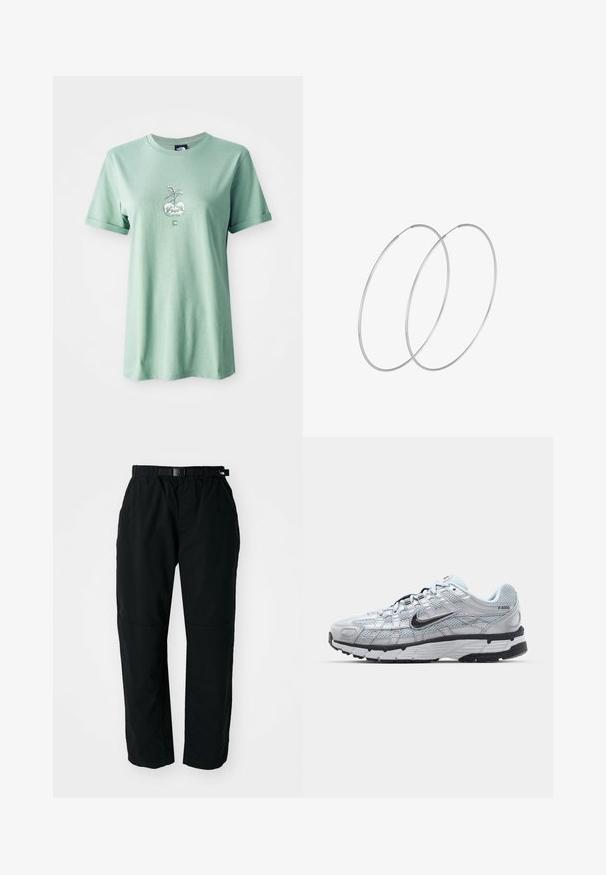 Camiseta de algodón verde claro con mangas cortas enrolladas, que presenta un gráfico central de una planta en una maceta redonda, logo en la parte inferior frontal.; Pantalones ligeros negros con cinturilla elástica y cinturón ajustable. Cuentan con piernas estrechas y paneles de rodilla reforzados para mayor durabilidad.; Zapatillas Nike P-6000 con parte superior de malla gris claro, acentos negros y suela de goma negra duradera. Presentan un diseño intrincado y un sistema de cordones.; Pendientes de aro plateados con un diseño minimalista. Forma circular, textura suave y perfil delgado. Livianos con un acabado pulido.