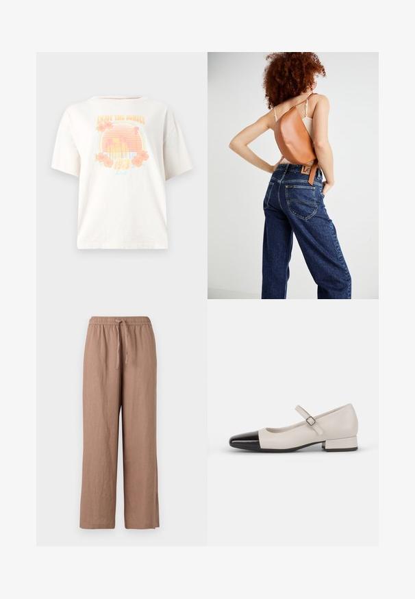 T-shirt en coton blanc avec des manches courtes, présentant un design graphique coloré avec un coucher de soleil, des palmiers et des fleurs, étiqueté "Profitez du coucher de soleil 1913."; Pantalons larges en lin couleur marron clair avec une taille élastique et un cordon de serrage. Présente une texture lisse et une coupe au niveau des chevilles.; Chaussure de style Mary Jane en cuir crème avec un bout en vernis noir. Présente un bout rond, une sangle de cheville avec une boucle carrée et un petit talon carré.; Sac à dos en cuir marron avec un design incurvé unique. Porté en diagonale, associé à un jean en denim bleu taille haute avec des coutures jaunes.